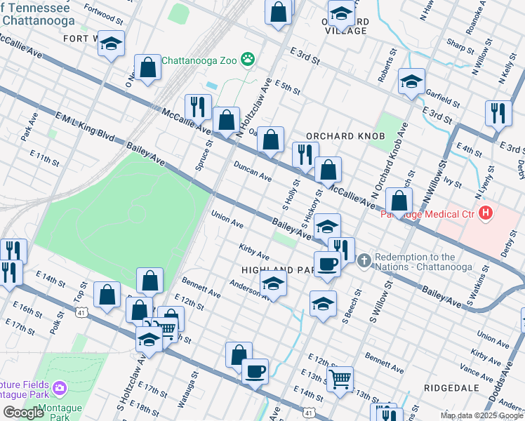 map of restaurants, bars, coffee shops, grocery stores, and more near 512 South Highland Park Avenue in Chattanooga