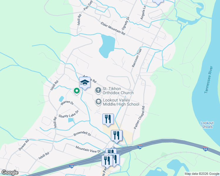 map of restaurants, bars, coffee shops, grocery stores, and more near 3325 Adkins Road in Chattanooga