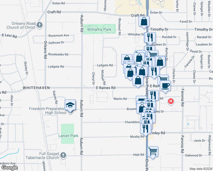 map of restaurants, bars, coffee shops, grocery stores, and more near 984 East Raines Road in Memphis
