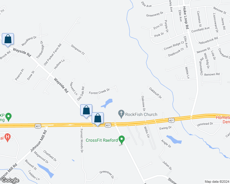 map of restaurants, bars, coffee shops, grocery stores, and more near 104 Quiet Cove in Raeford