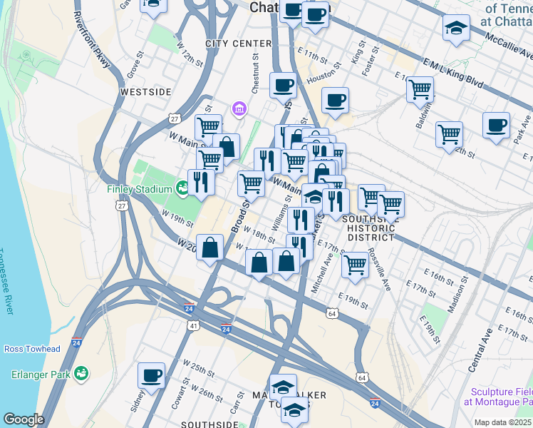 map of restaurants, bars, coffee shops, grocery stores, and more near 221 West 17th Street in Chattanooga