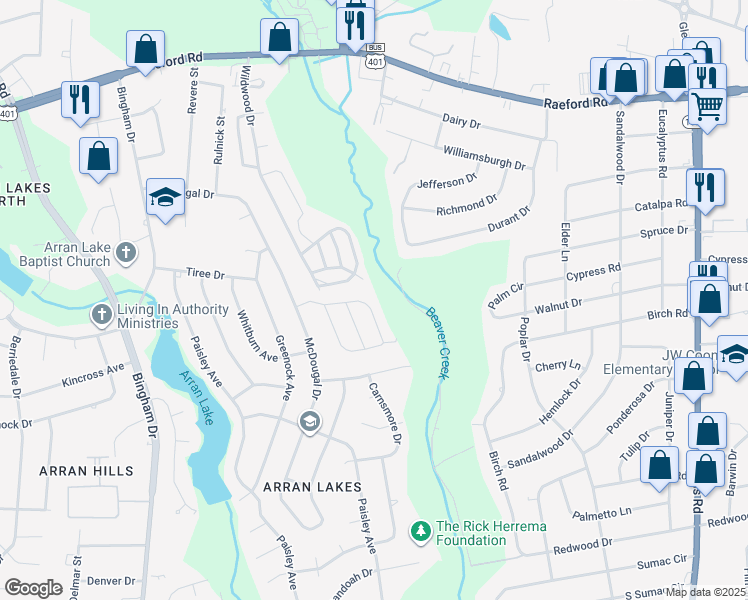 map of restaurants, bars, coffee shops, grocery stores, and more near 5858 Aftonshire Drive in Fayetteville