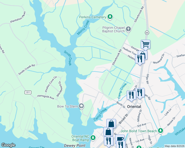 map of restaurants, bars, coffee shops, grocery stores, and more near 706 Warren Drive in Oriental
