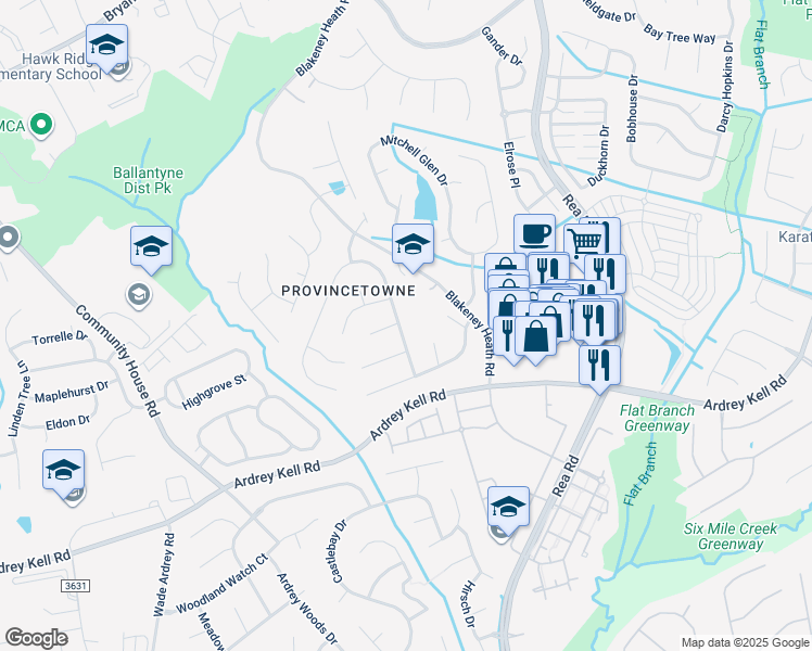 map of restaurants, bars, coffee shops, grocery stores, and more near 9703 Autumn Applause Drive in Charlotte