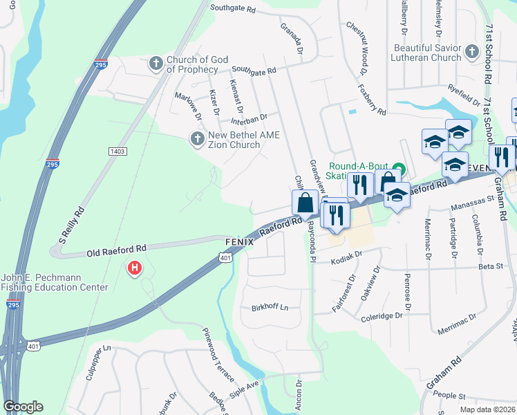 map of restaurants, bars, coffee shops, grocery stores, and more near 6813 Netherdale Drive in Fayetteville