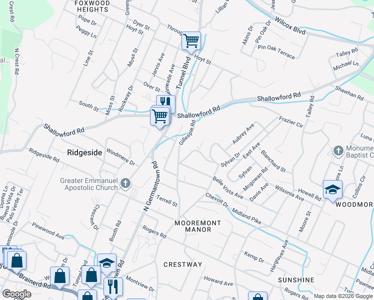 map of restaurants, bars, coffee shops, grocery stores, and more near 607 Sylvan Drive in Chattanooga