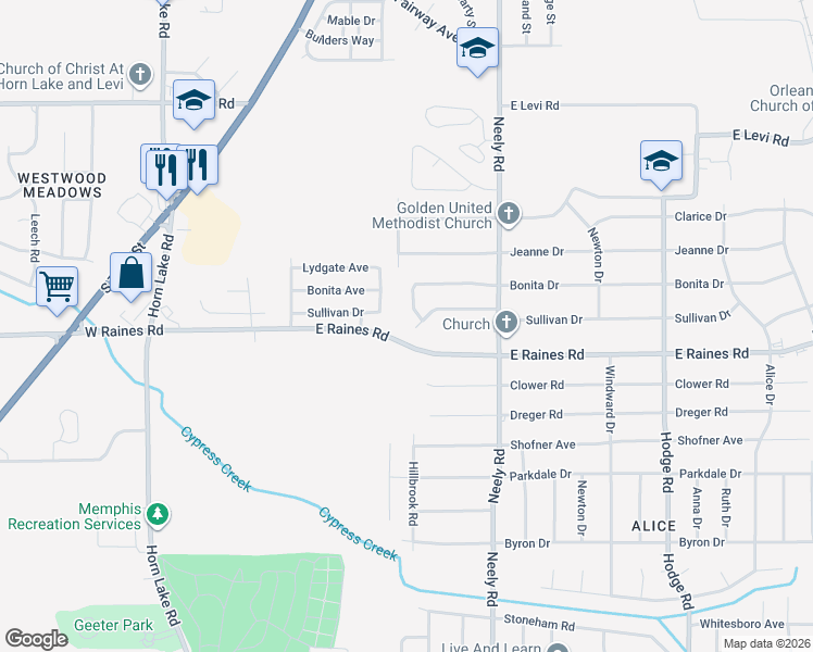 map of restaurants, bars, coffee shops, grocery stores, and more near 132 Sullivan Cove in Memphis