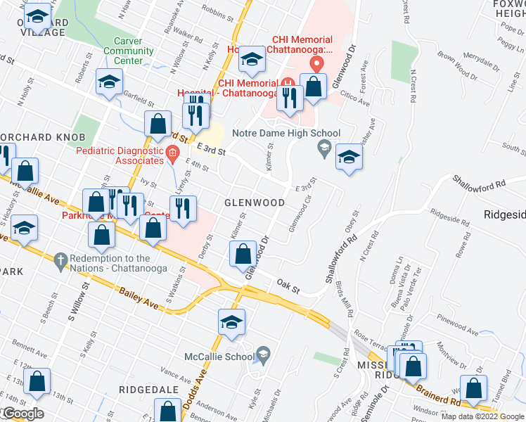 map of restaurants, bars, coffee shops, grocery stores, and more near 2513 East 5th Street in Chattanooga