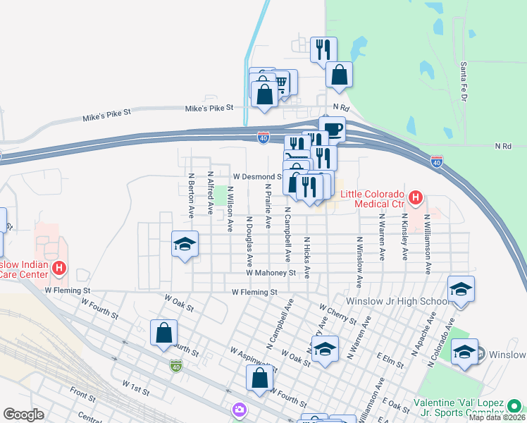 map of restaurants, bars, coffee shops, grocery stores, and more near 1501 North Prairie Avenue in Winslow