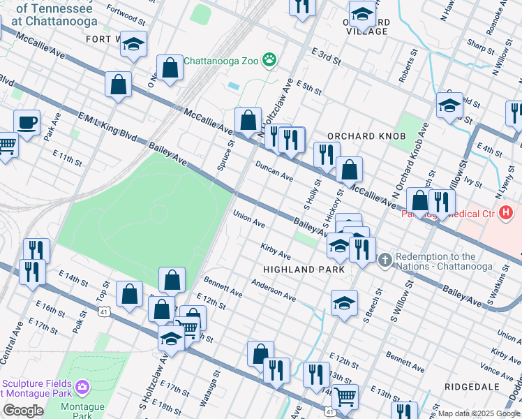 map of restaurants, bars, coffee shops, grocery stores, and more near 1402 Bailey Avenue in Chattanooga
