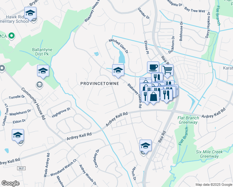 map of restaurants, bars, coffee shops, grocery stores, and more near 9703 Autumn Applause Drive in Charlotte