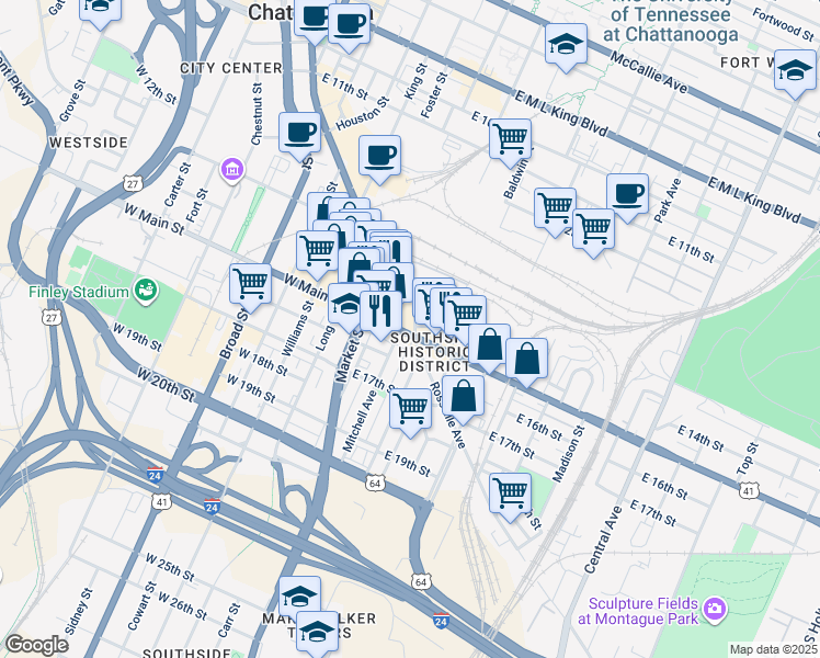 map of restaurants, bars, coffee shops, grocery stores, and more near 63 East Main Street in Chattanooga