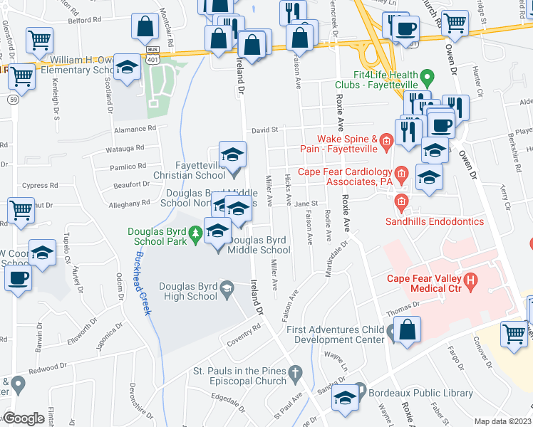 map of restaurants, bars, coffee shops, grocery stores, and more near 814 Miller Avenue in Fayetteville