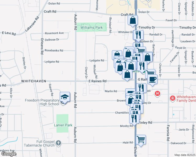 map of restaurants, bars, coffee shops, grocery stores, and more near 984 East Raines Road in Memphis
