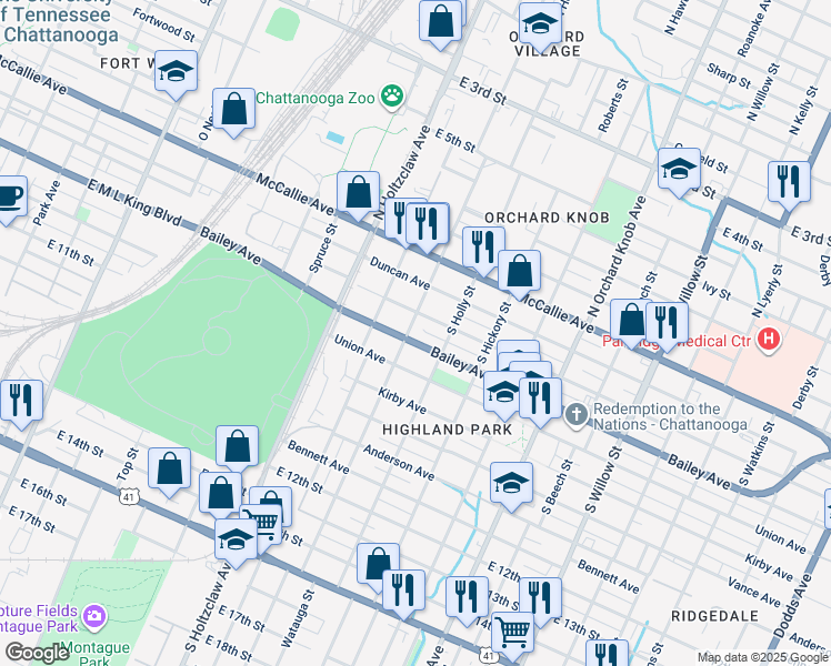 map of restaurants, bars, coffee shops, grocery stores, and more near 512 South Highland Park Avenue in Chattanooga