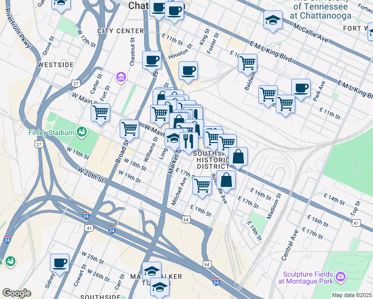 map of restaurants, bars, coffee shops, grocery stores, and more near 26 East Main Street in Chattanooga