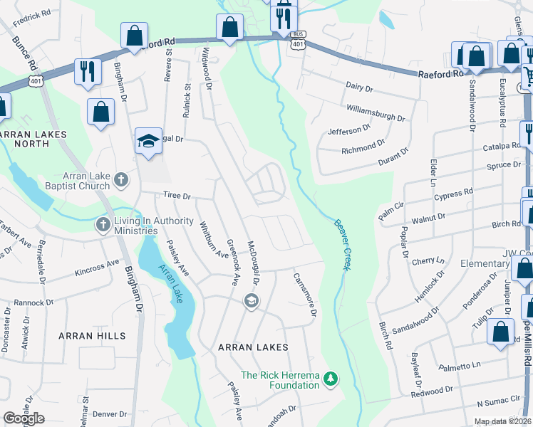 map of restaurants, bars, coffee shops, grocery stores, and more near 5906 Aftonshire Drive in Fayetteville