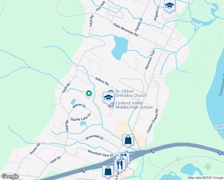 map of restaurants, bars, coffee shops, grocery stores, and more near 3340 Adkins Road in Chattanooga