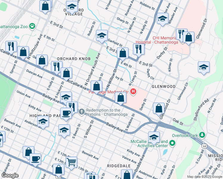 map of restaurants, bars, coffee shops, grocery stores, and more near 2111 Oak Street in Chattanooga
