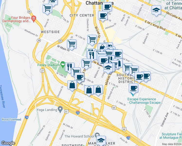 map of restaurants, bars, coffee shops, grocery stores, and more near 229 West 17th Street in Chattanooga