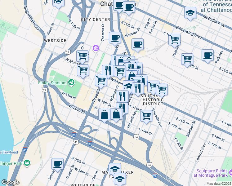 map of restaurants, bars, coffee shops, grocery stores, and more near 1606 Williams Street in Chattanooga
