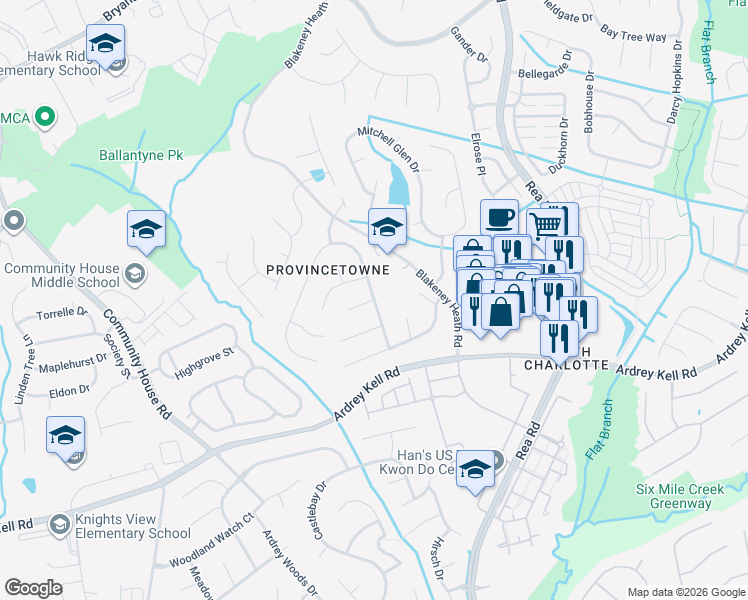 map of restaurants, bars, coffee shops, grocery stores, and more near Autumn Applause Drive in Charlotte