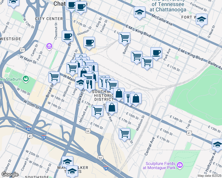 map of restaurants, bars, coffee shops, grocery stores, and more near 1362 Passenger Street in Chattanooga