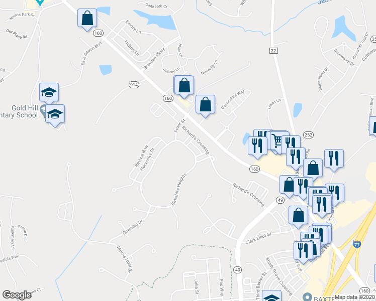 map of restaurants, bars, coffee shops, grocery stores, and more near 4026 Birkshire Heights in Fort Mill