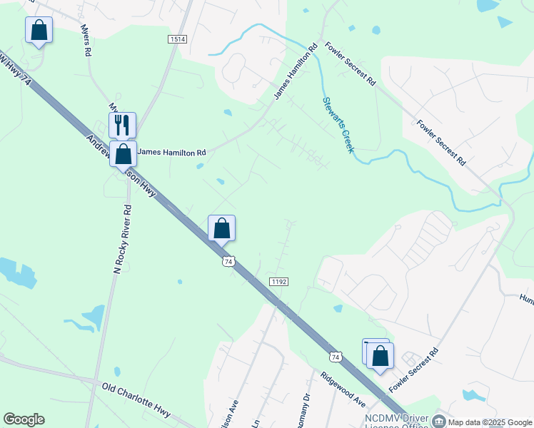 map of restaurants, bars, coffee shops, grocery stores, and more near 2525 Woodbrook Lane in Monroe