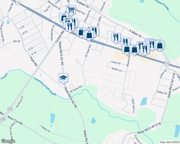 map of restaurants, bars, coffee shops, grocery stores, and more near Miller Point Drive in Inman