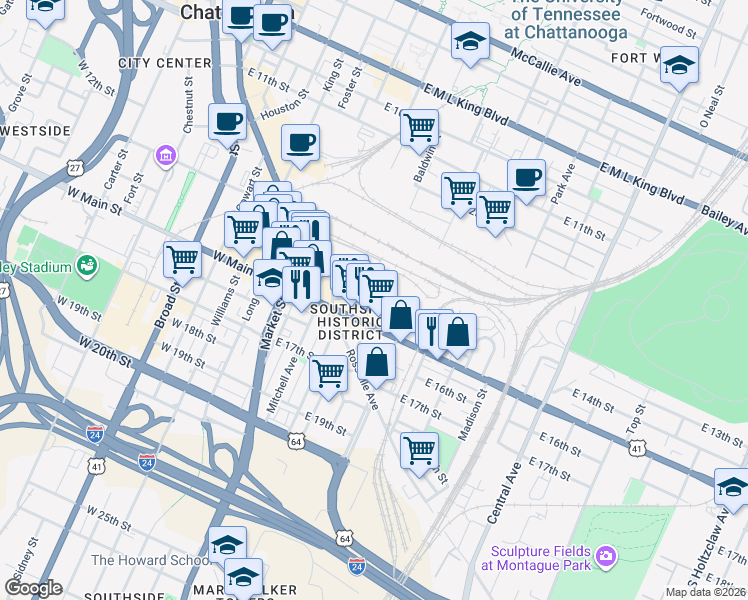 map of restaurants, bars, coffee shops, grocery stores, and more near 1362 Passenger Street in Chattanooga