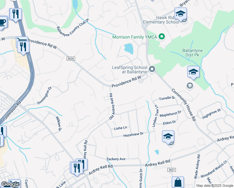 map of restaurants, bars, coffee shops, grocery stores, and more near 10225 Old Ardrey Kell Road in Charlotte
