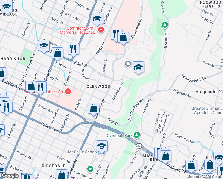map of restaurants, bars, coffee shops, grocery stores, and more near 306 Glenwood Drive in Chattanooga
