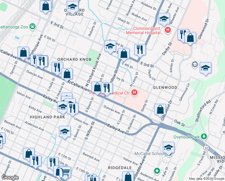 map of restaurants, bars, coffee shops, grocery stores, and more near 2111 Oak Street in Chattanooga