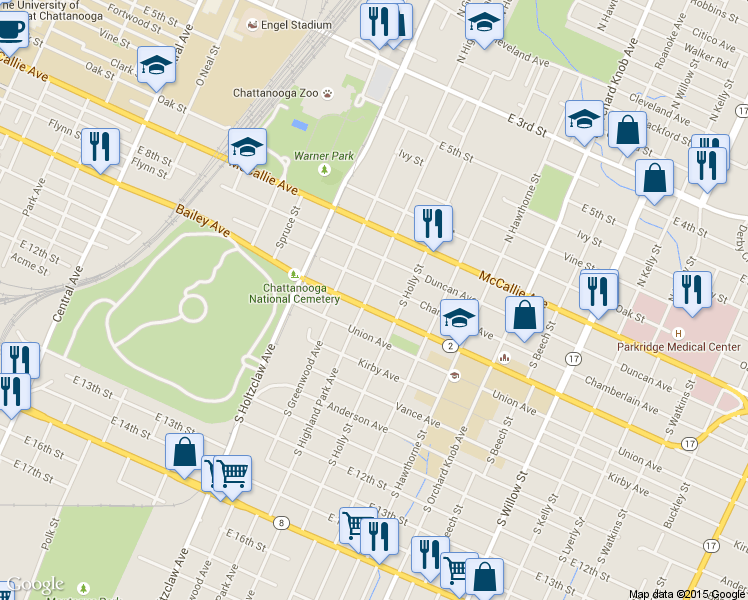 map of restaurants, bars, coffee shops, grocery stores, and more near 512 South Highland Park Avenue in Chattanooga