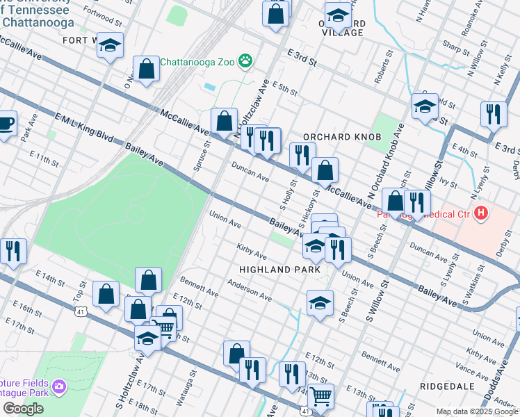 map of restaurants, bars, coffee shops, grocery stores, and more near 512 South Highland Park Avenue in Chattanooga