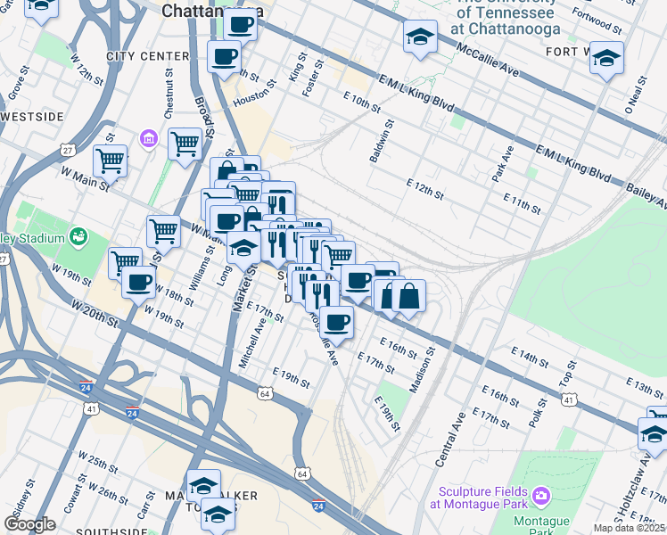 map of restaurants, bars, coffee shops, grocery stores, and more near 1362 Passenger Street in Chattanooga