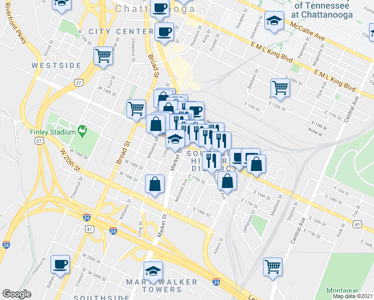 map of restaurants, bars, coffee shops, grocery stores, and more near 32 East Main Street in Chattanooga