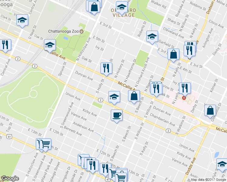 map of restaurants, bars, coffee shops, grocery stores, and more near 1704 Duncan Avenue in Chattanooga