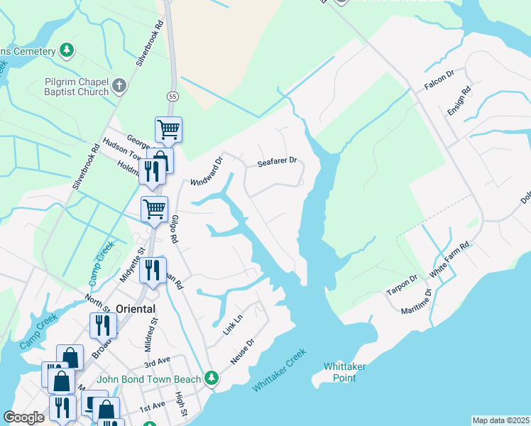 map of restaurants, bars, coffee shops, grocery stores, and more near 101 Skipper Circle in Oriental
