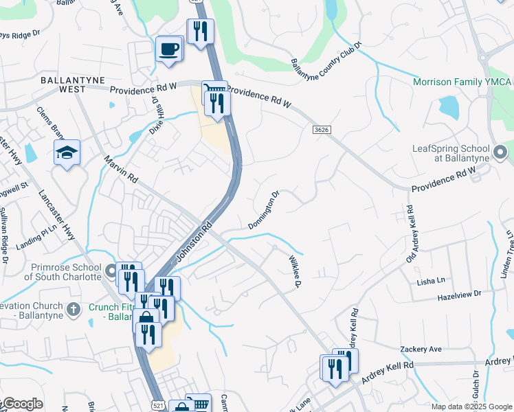 map of restaurants, bars, coffee shops, grocery stores, and more near 15933 Wayland Drive in Charlotte