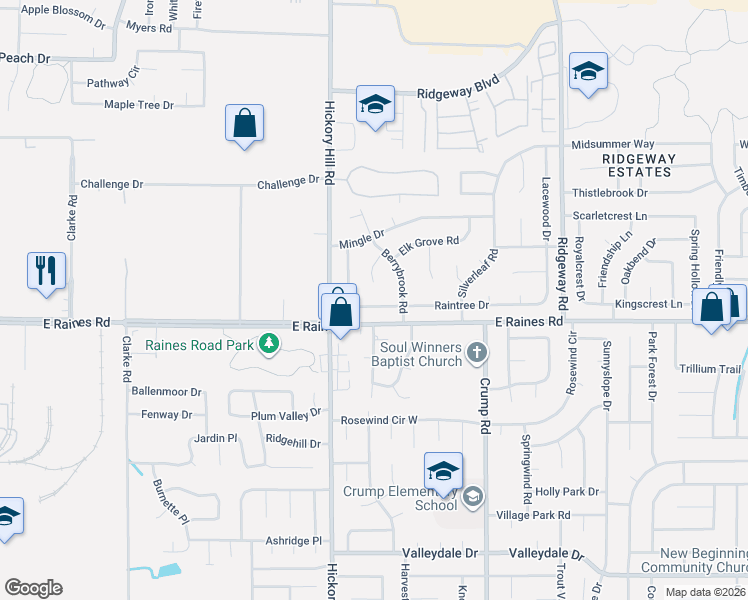 map of restaurants, bars, coffee shops, grocery stores, and more near 5948 Meadow Creek Road in Memphis