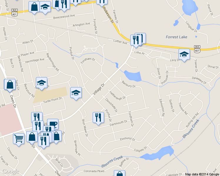 map of restaurants, bars, coffee shops, grocery stores, and more near 2005 Bendix Place in Fayetteville