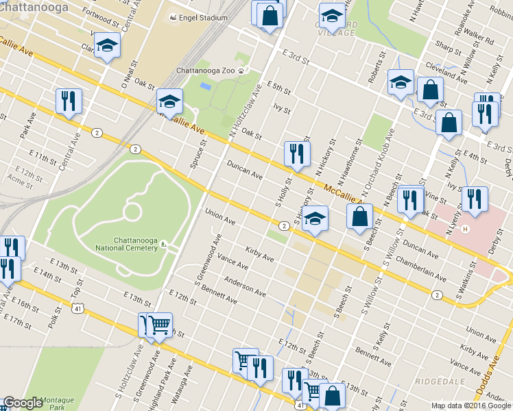 map of restaurants, bars, coffee shops, grocery stores, and more near 506 South Highland Park Avenue in Chattanooga