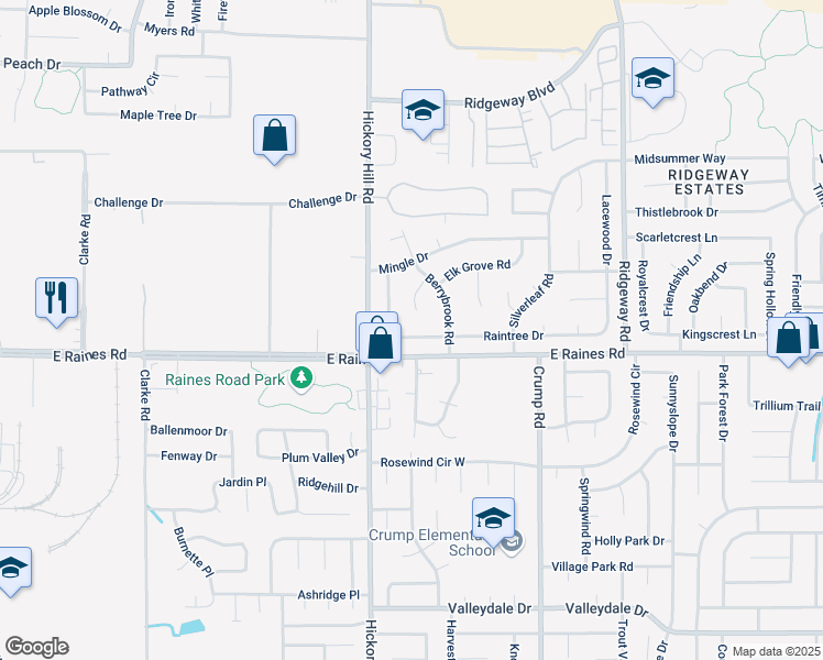 map of restaurants, bars, coffee shops, grocery stores, and more near 5948 Meadow Creek Road in Memphis
