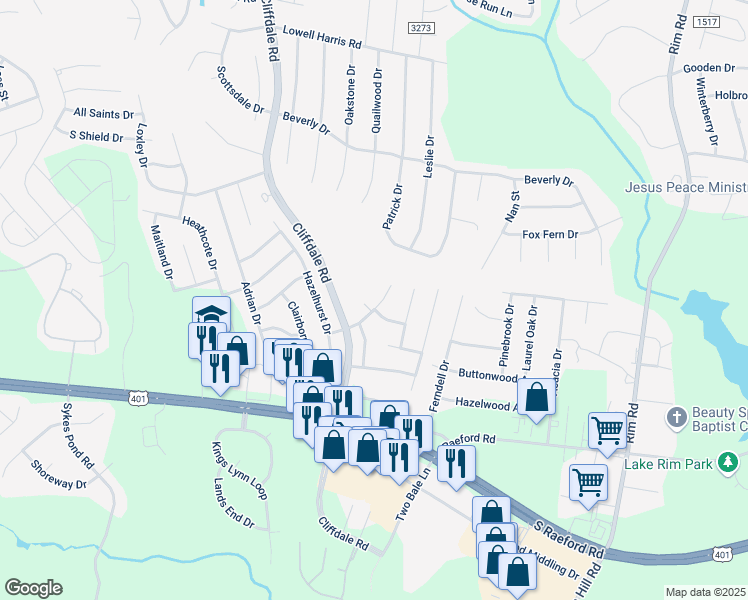 map of restaurants, bars, coffee shops, grocery stores, and more near 1520 Heartland Drive in Fayetteville