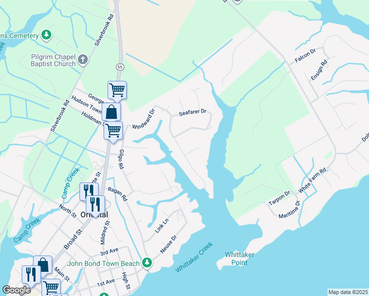 map of restaurants, bars, coffee shops, grocery stores, and more near 101 Skipper Circle in Oriental