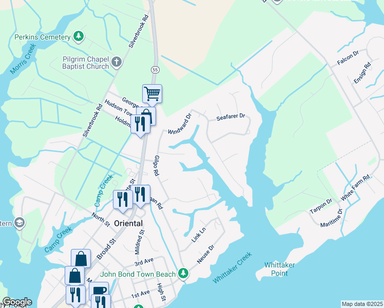 map of restaurants, bars, coffee shops, grocery stores, and more near 113 Pineview Drive in Oriental