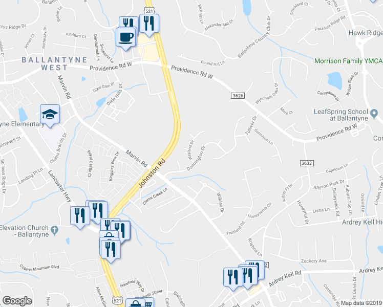 map of restaurants, bars, coffee shops, grocery stores, and more near 15933 Wayland Drive in Charlotte