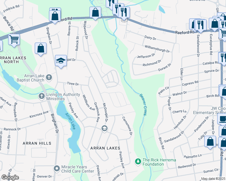 map of restaurants, bars, coffee shops, grocery stores, and more near 5906 Aftonshire Drive in Fayetteville